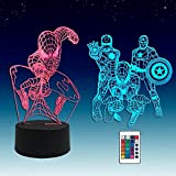 2 in 1, Spiderman,Iron man, lampada Supereroe LED 3D illusion, telecomando RGB a 16 colori,Luce notturna da scrivania