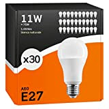 30 x Lampadine LED E27 11W Opaca (1055 lumen equivalenti a 75W) - Forma: Goccia A60 - Luce Bianco Naturale ...