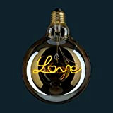 Amarcords - Lampadina Led dimmerabile, filamento con la scritta LOVE, luce calda 2500K, vetro ambrato tipo globo, E27, 4W