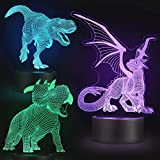 Czemo 3 Pezzi Luce da Notturna Dinosauro T-rex con 7 Colori, Lampade 3D Illusione Ottica Luce Notturna per Bambini, Controllo ...