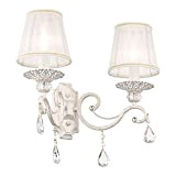 Elegante Lampada da Parete, Applique Doppio, Design Shabby Chic, Metallo bianco, Paralume in Tessutto bianco, per 2 lampadine E14 40w ...