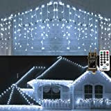 Geemoo Luci Natale Esterno Cascata, 5M 216 LED Tenda Luminosa Bianco Freddo, Luci Nataliazie con Telecomando, 8 modalità, Luci Decorazioni ...
