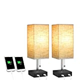 Glighone Lampada da Tavolo in Tessuto da Scrivania LED 2 Porta di Ricarica USB E27 Lampada da comodino Moderna per ...