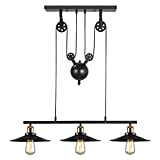 iDEGU lampada a sospensione vintage industriale 3 luci lampadario con puleggia in metallo, lampade 26 cm, colore: nero