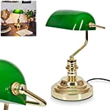Lampada classica da banchiere, lampada da tavolo retrò in metallo in ottone lucido, paralume in vetro verde, attacco E27 max. ...