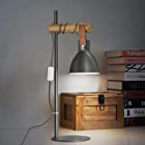 Lampada da tavolo a LED vintage in design industriale, lampada retrò, lampada da comodino in acciaio e legno, colore: grigio, ...