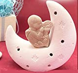 Lucetta notturna a forma di luna in ceramica effetto pietra e bambino in preghiera con calice ed ostia, bomboniere prima ...
