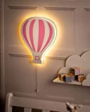 Marco Paul - Lampada da parete in legno bianca, per cameretta dei bambini, decorazione camera da letto, comodino (mongolfiera rosa