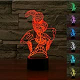 MEANS 3D Illusion Uomo Ragno Night Light Lampada con 7 cambi colore, base Touch, alimentazione con batterie AA