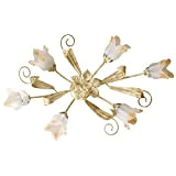 ONLI - Plafoniera da soffitto Elena in metallo avorio spennellato oro, decorazione foglie, paralumi calla vetro satinato bianco con sfumature ...