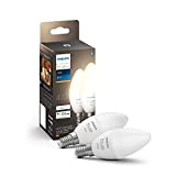 Philips Hue White 2 Lampadine LED Smart, con Bluetooth, Attacco E14, 4.5 W, Dimmerabile, Luce Bianca Calda, 2 Pezzi, Bianco