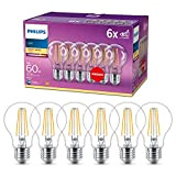 Philips Lampadina LED Goccia Filamento, 6 Pezzi, Equivalente a 60W, Attacco E27, Luce Bianca Calda, non Dimmerabile