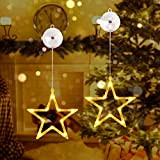 Qedertek Luci di Natale - 10 LED Tenda Luminosa con Stelle, Tenda Luci Natalizie a Batteria, Biacno Caldo, Timer, Luci ...