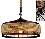 Retro Industrial Iron Vintage Loft Chandelier Hanging Lamp Vintage Rope Pendant Lamp Ceiling Lamp, Rustic Hemp Rope Iron Candlestick Round ...