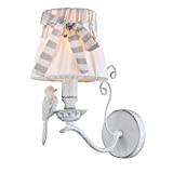 Romantica Lampada da Parete, Applique 1 luce, montatura in metallo bianco Shabby Chic, Paralume in tessuto bianco, decorazione uccello, per ...