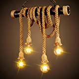 Rustico Vintage Lampada a sospensione Corda di canapa Luce pendente, in ferro battuto nostalgia retrò plafoniera LED, lampadario creativo del ...
