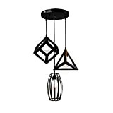 taimowei Retro Industrial Light Black Geometric Wire Cage Hanging Lighting E27 Socket * 3 Creative Old-Fashioned Suspension Lamps Wrought Iron ...
