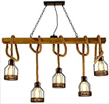 Vintage Industry WinCeiling Pendant Light Hanging Lamp Iron DIY Hemp Rope WooDesign Cage Shade Fixture Chandelier for Kitchen Island5 Heads