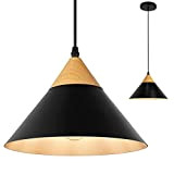 VONCI Industrial Farmhouse Black 1-Light Pendant Light for Kitchen Island, Vintage Wood Grain Metal Shade Hanging Lamp Ceiling Light Fixture ...